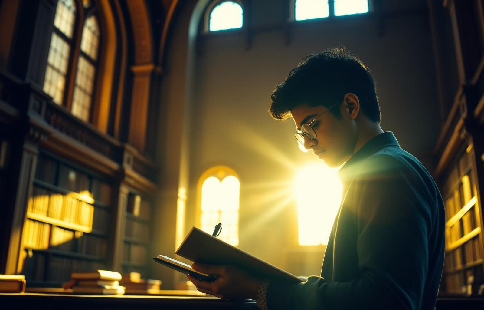 A student writing in a historic library — EssayQuest